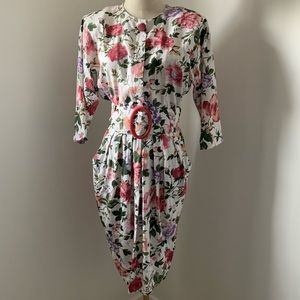 Ninon de Lenclos Vintage 80’s White w/ Floral Print 3/4 Sleeve Belted Midi Dress